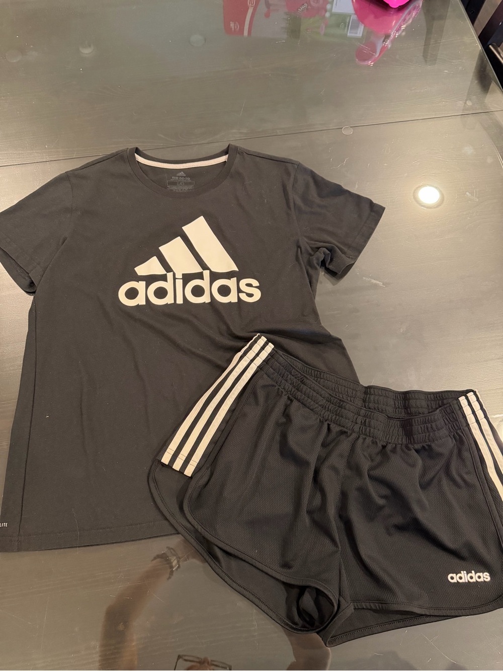 Women adidas Black Tee and Black Shorts with White Logo Stripes